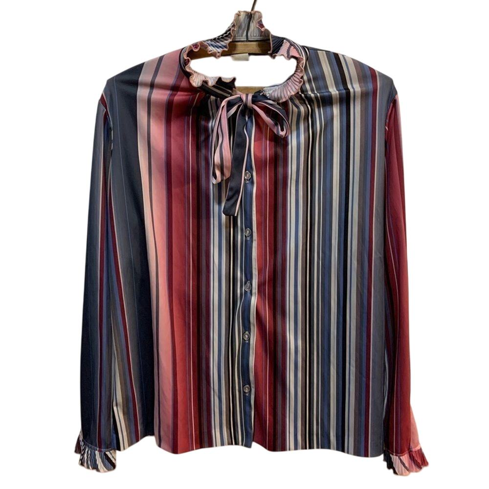 Vintage vertically striped blouse 80s shirt ruffle neck / cuffs Sz M made in USA